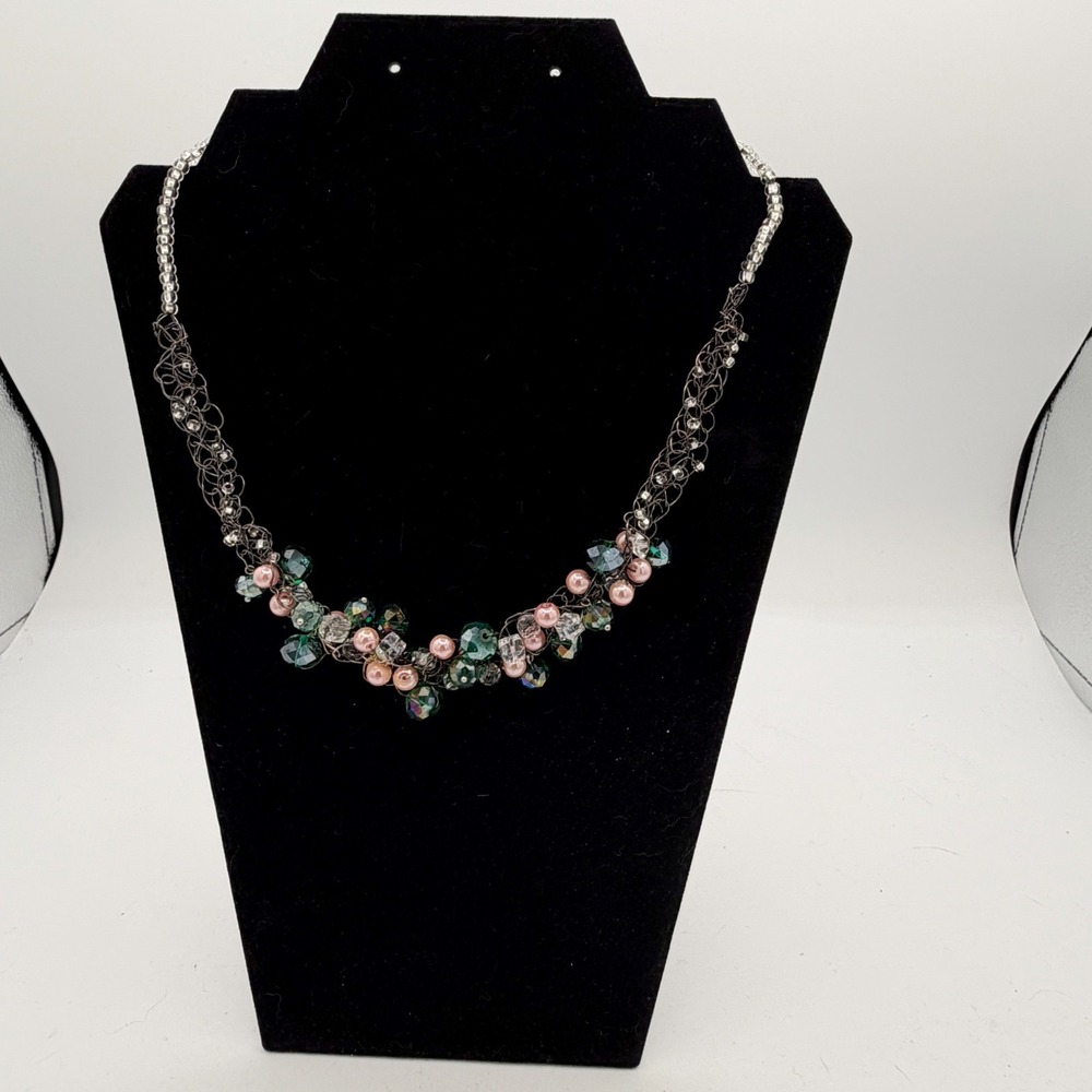 Handmade Wire Crochet Beaded Necklace Green Facet Crystal Pink Pearl Fringe 18" - Picture 4 of 15